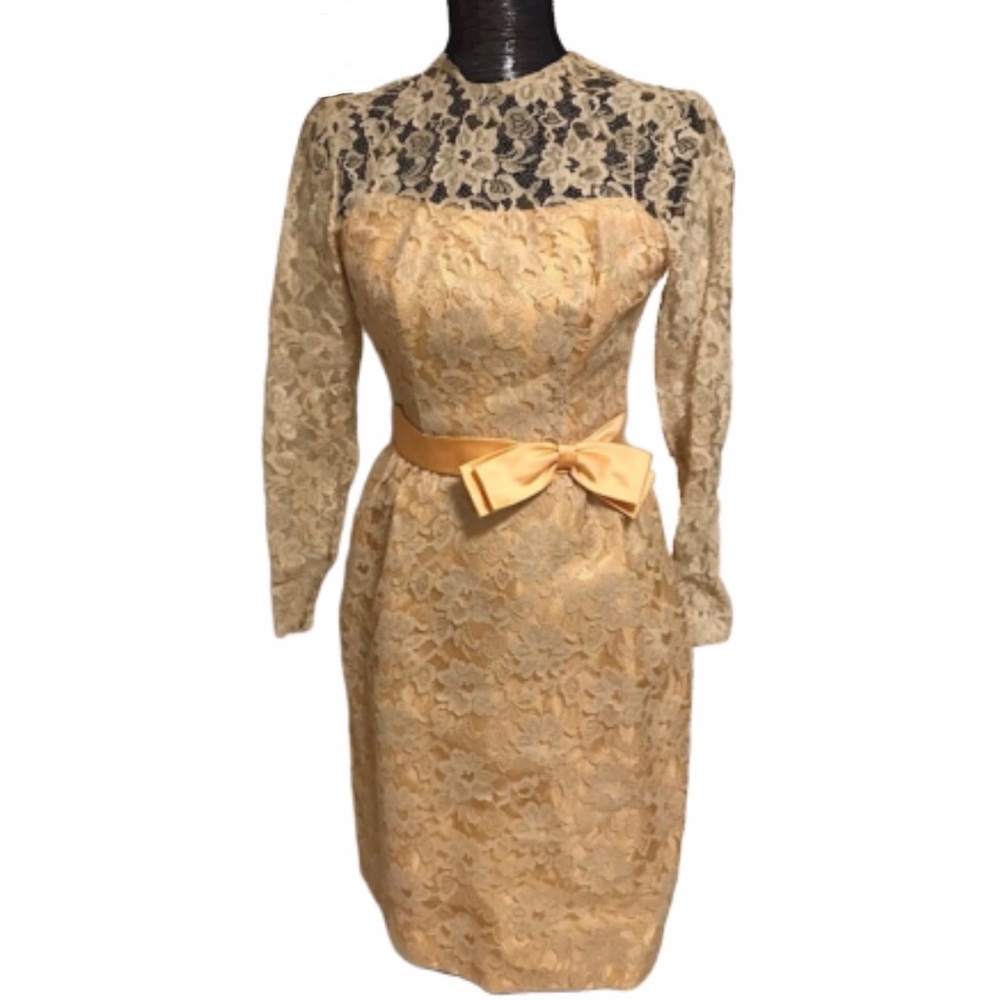 Vintage peach lace sheath dress with bow belt